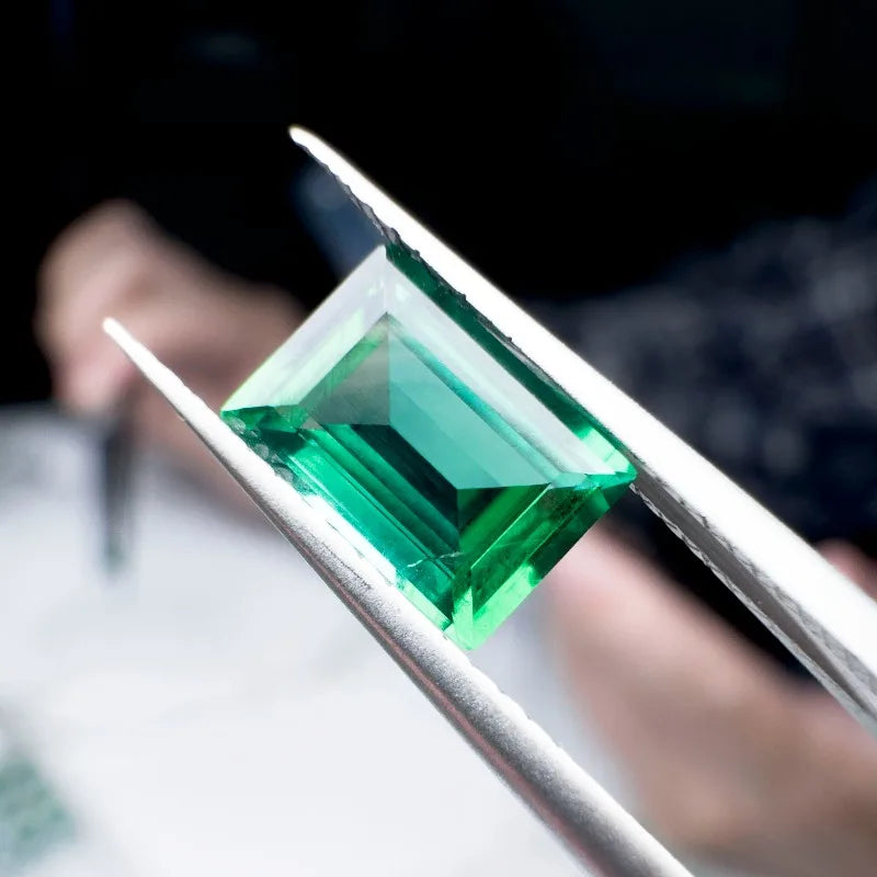 Lab Grown Zambian Emerald Rectangle Shape Hydrothermal Hand Cutting with Cracks Inclusions Inside Selectable AGL Certificate