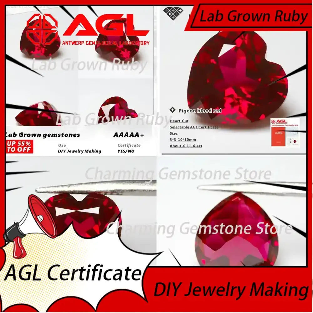 Lab Grown Ruby Loose Gemstones Pigeon Blood Red Heart Cut for DIY Jewelry Making Lab Grown Sapphire Compatible AGL Certified