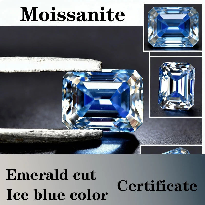 Emerald Cut Moissanite Stone VVS1 Ice Blue Color  DIY Jewelry Certificate Unnatural