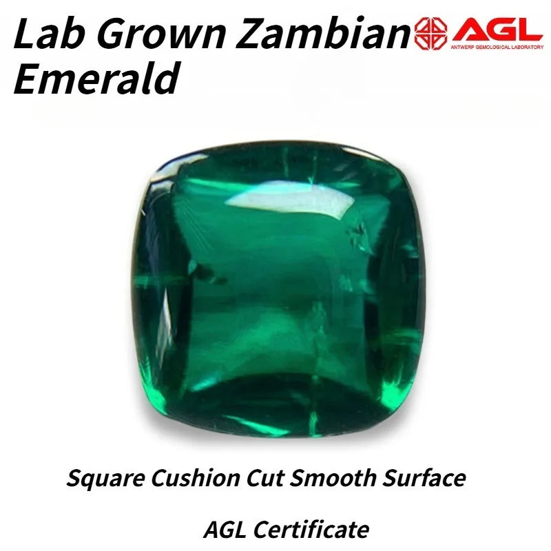 Lab Grown Zambian Emeralds Square Cushion Smooth Surface with Cracks Inclusions Inside Selectable AGL Certificate