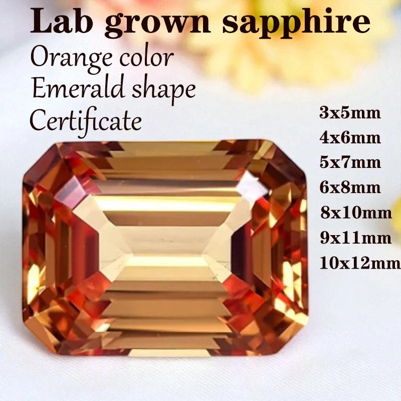 Sapphire Emerald Shape VVS1 Orange Color Lab Grown Gemstone for DIY Charms Jewelry Making Factory Wholesale with Certificate