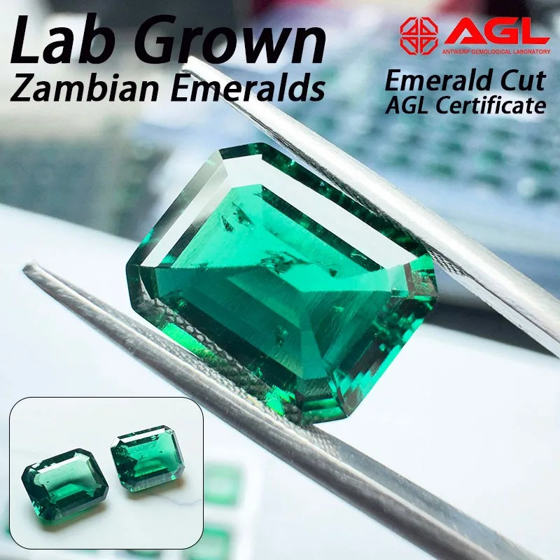 Lab Grown Zambian Emeralds Emerald Cut Hydrothermal Hand Cutting with Cracks Inclusions Inside Selectable AGL Certificate
