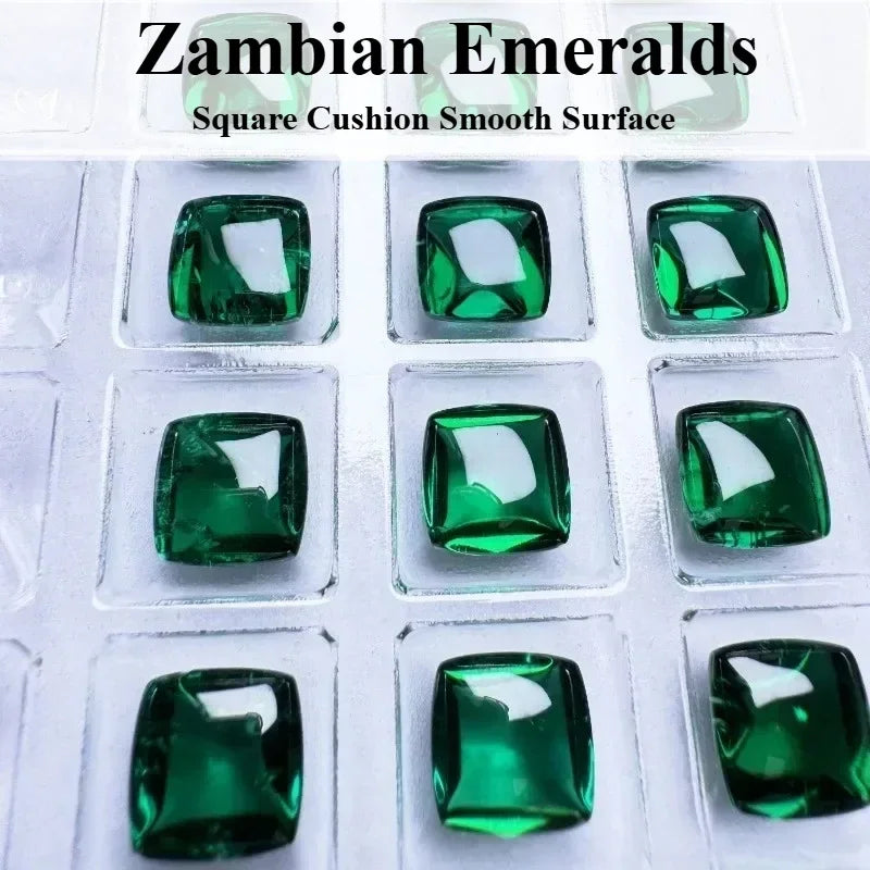 Lab Grown Zambia Emeralds Square Cushion Smooth Surface with Cracks Inclusions Inside Selectable AGL Certificate