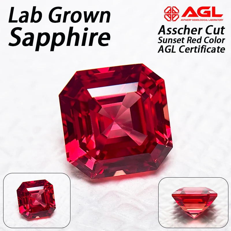 Lab Grown Sapphire Asscher Cut Sunset Red Color for Charms DIY Ring Necklace Earrings Main Materials Selectable AGL Certificate