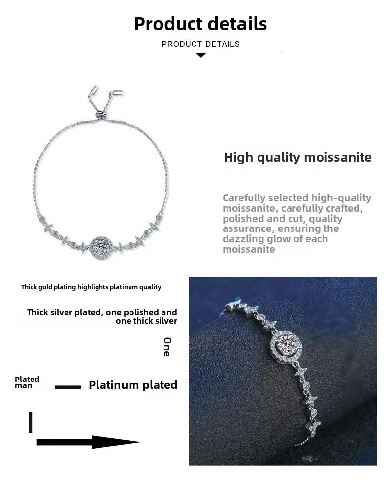 Moissanite Top Quality 925 Silver Bracelets Adjustable Star round Bracelet High End Non-Fading Fashion Jewelry With GRA