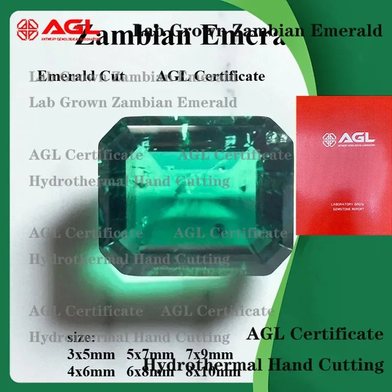 Lab Grown Zambian Emeralds for Hydrothermal Emerald Cut Gemstones Hand Cut with Natural Inclusions Cracks AGL Certified Lab