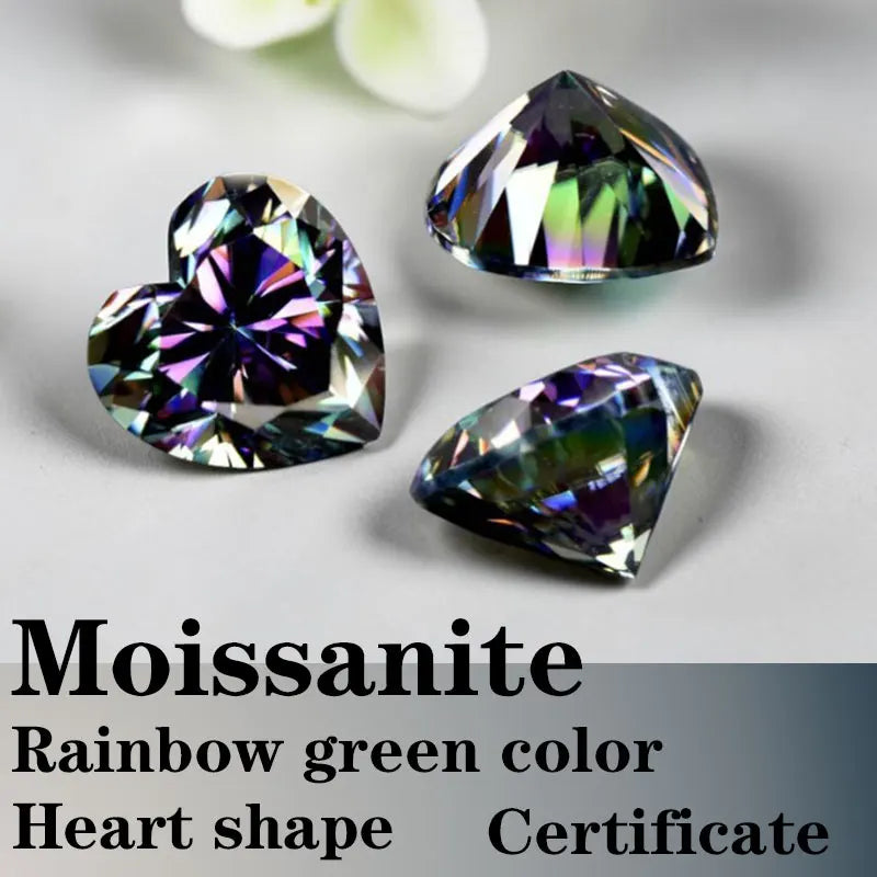 Moissanite VVS1 Artificial Stone Rainbow Green Color Heart Cut with Certificate Factory Outlet