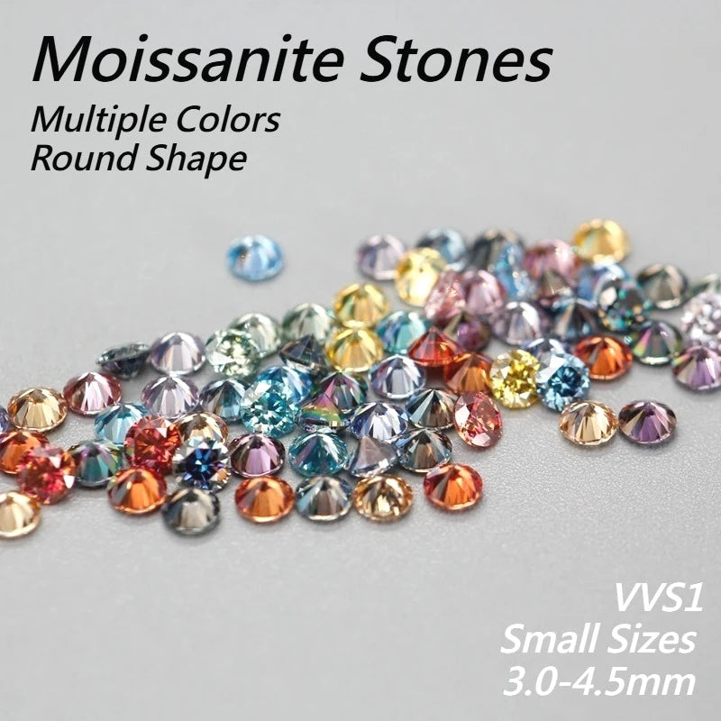 Moissanite Stones Multiple Colors Round Shape Small Sizes 3.0-4.5mm VVS1 Lab Diamonds Gift for Diy Jewelry Making No Certificate